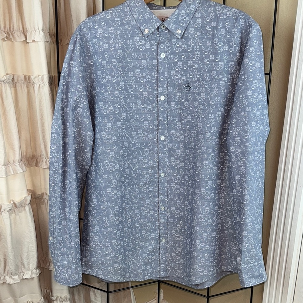 Original Penguin Blue Casual Button Down Shirt Bowling Themed Size L EUC